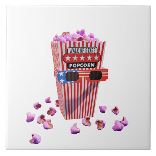 Pink Candy Popcorn and 3D Movie glasses Ceramic Tile