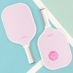 Pink Candy Stripe Design Tiny Initials Monogram Carbon Fiber Pickleball Paddle