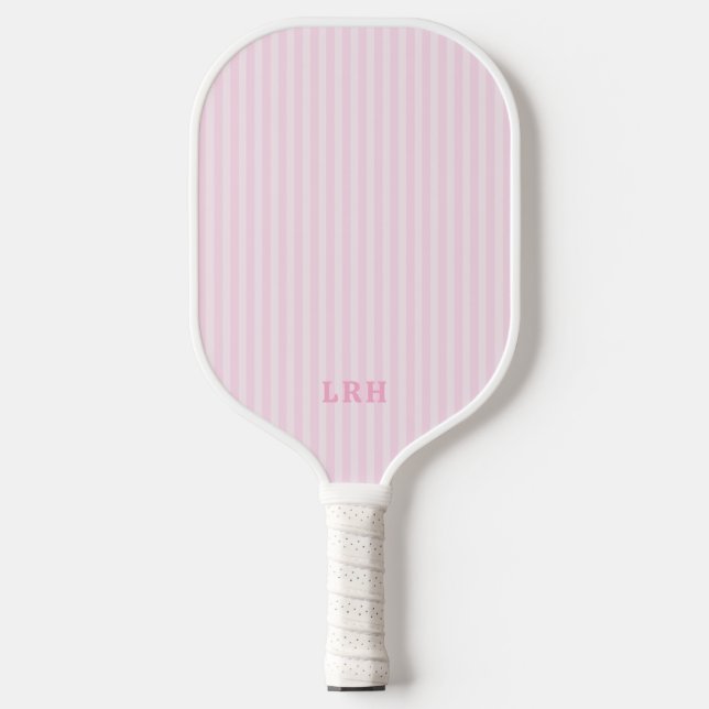 Pink Candy Stripe Design Tiny Initials Monogram Carbon Fiber Pickleball Paddle (Front)