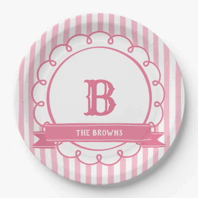 Pink Candy Stripe Family Name Monogram Paper Plates (Front)