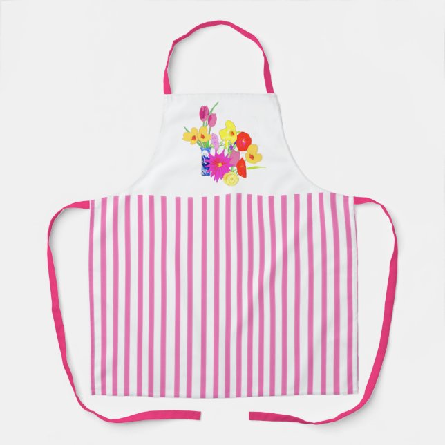Pink Candy Striped Floral Bouquet Apron (Front)