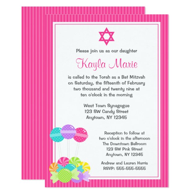 Pink Candy Stripes Bat Mitzvah Invitations