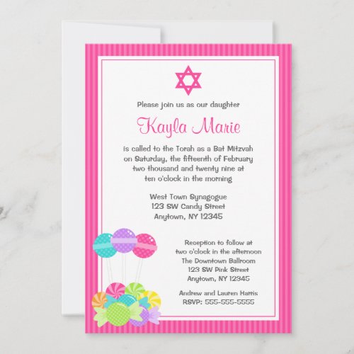 Pink Candy Stripes Bat Mitzvah Invitations