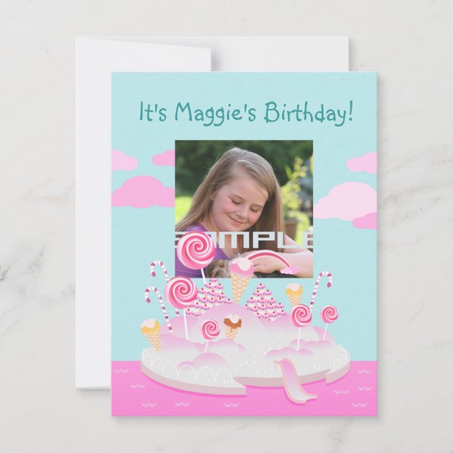 Pink candy world cake for birthday party invitation (Front)