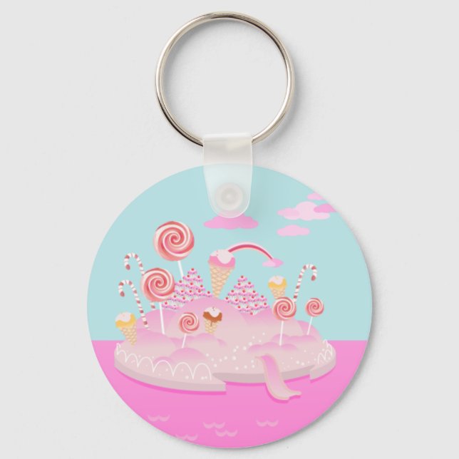 Pink candy world cake for birthday party keychain (Front)