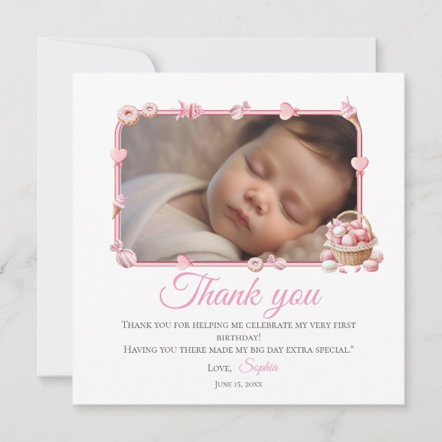 Pink Candyland 1st Birthday Thank You Card (Front)