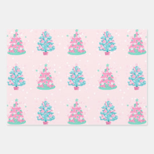 Pink Candyland Christmas Trees Pattern Wrapping Paper Sheets