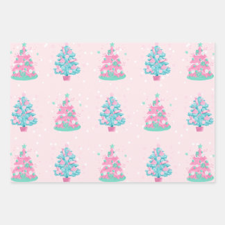 Pink Candyland Christmas Trees Pattern Wrapping Paper Sheets