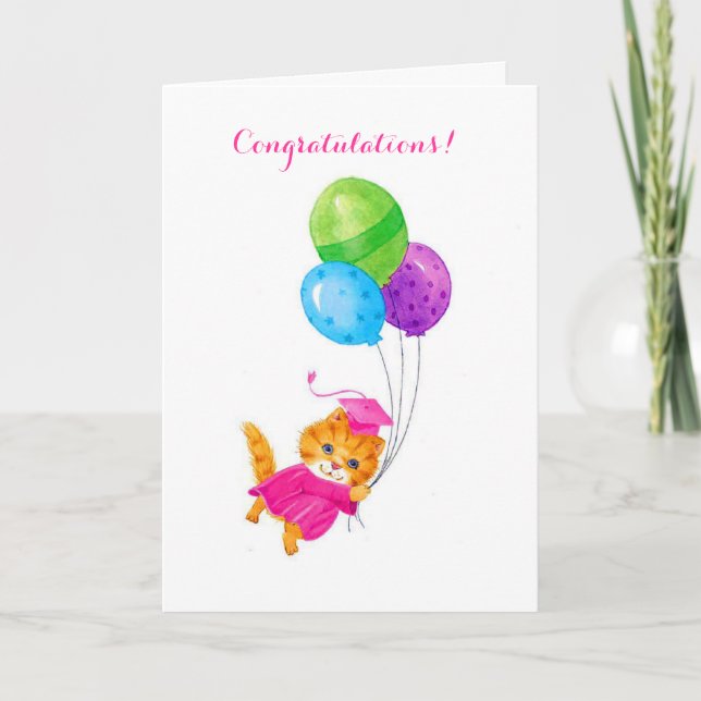Pink cap cat graduation customizable card (Front)