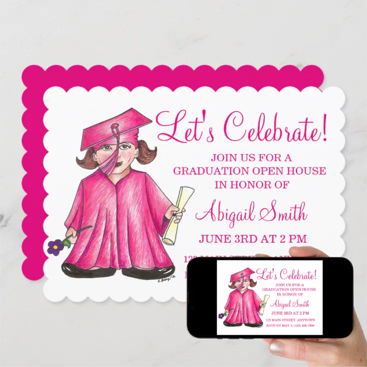 Pink Cap Gown School Graduation Party Open House Invitation | Zazzle