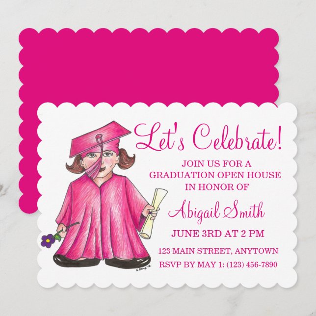 Pink Cap Gown School Graduation Party Open House Invitation (Front/Back)