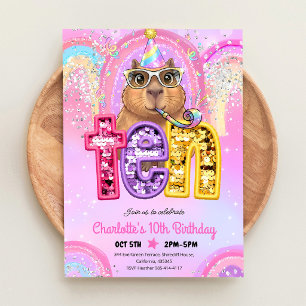 Pink Capybara 10th Birthday Party Invitation