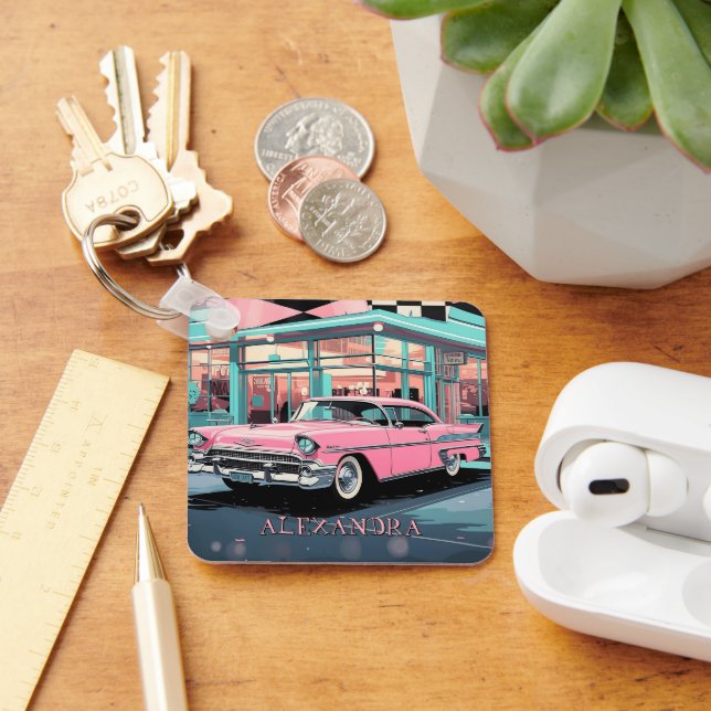 Pink Car 1950s Diner Retro Mid‑Century Custom Keychain (Desk)