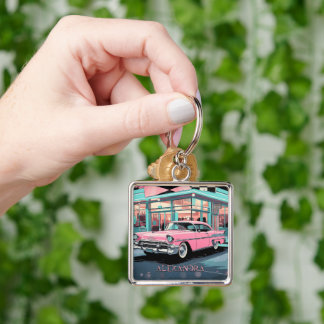 Pink Car 1950s Diner Retro Mid‑Century Custom Keychain