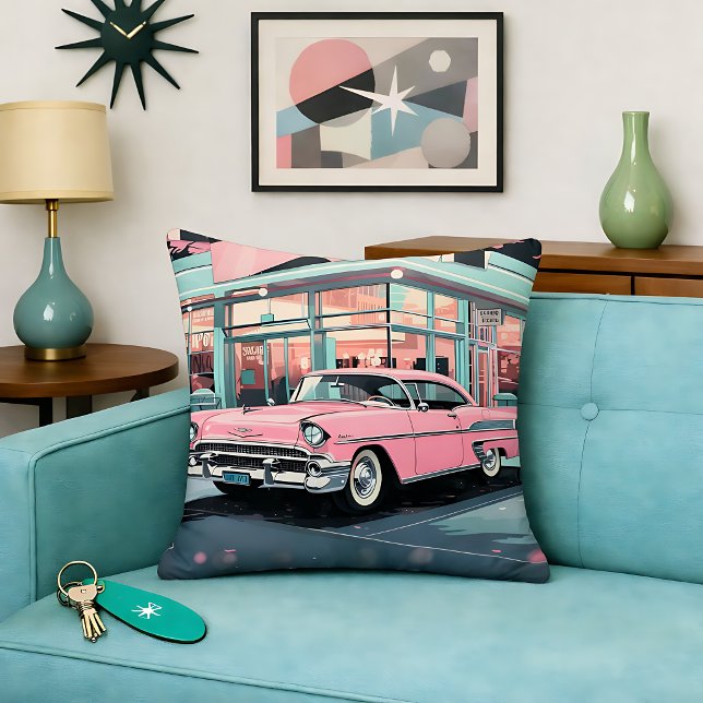 Pink Car 1950s Diner Retro Mid‑Century Throw Pillow (Creator Uploaded)