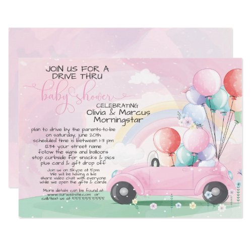 Pink Car Balloons Drive Thru Baby SHower Invitation