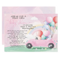 Pink Car Balloons Drive Thru Baby SHower Invitation