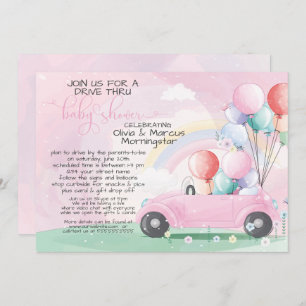 Pink Car Balloons Drive Thru Baby SHower Invitation