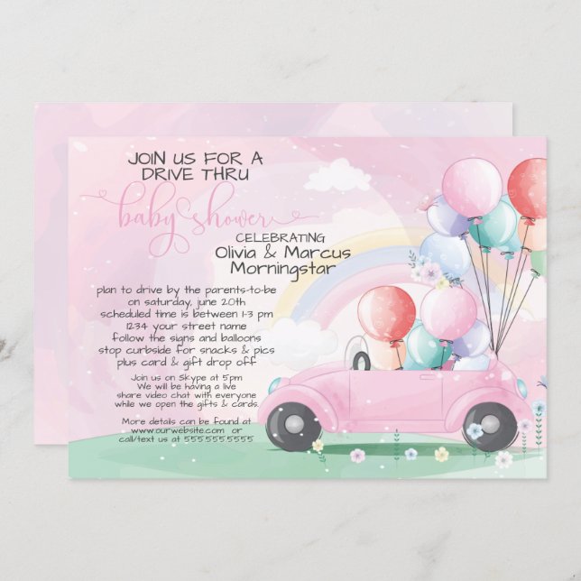 Pink Car Balloons Drive Thru Baby SHower Invitation (Front/Back)