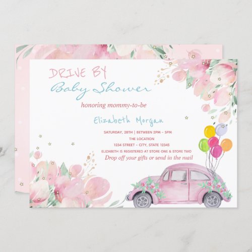 Pink Car Balloons Flowers Drive By Baby Shower Invitation