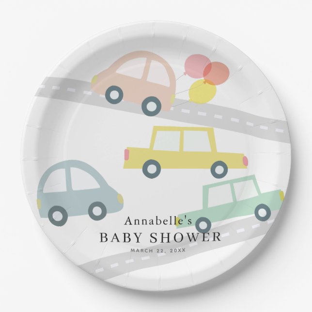 Pink Car Balloons White Girl Baby Shower Paper Plates (Front)