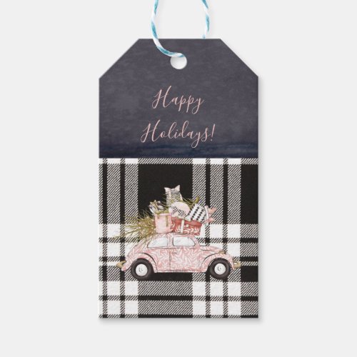 Pink Car Black Plaid Girly Chic Christmas Gift Tags