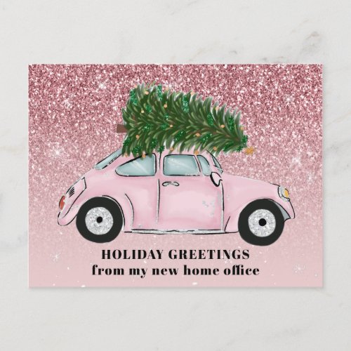 Pink Car Christmas Tree Glitter New Home Office Announcement Postcard