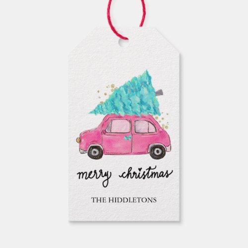 Pink Car Cute Peppermint Christmas Tree Gift Tags