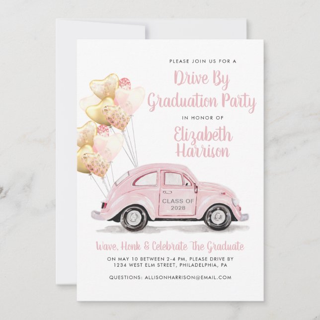 Pink Car Drive By Graduation Party Invitation (Front)
