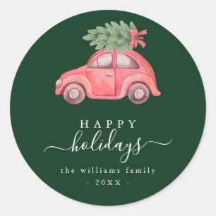 Pink Car Happy Holiday Script Round Sticker