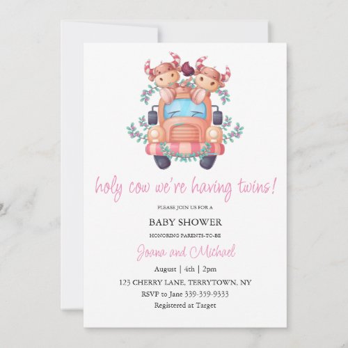 Pink Car Holy Cow WeRe Having Twins Baby Shower Invitation