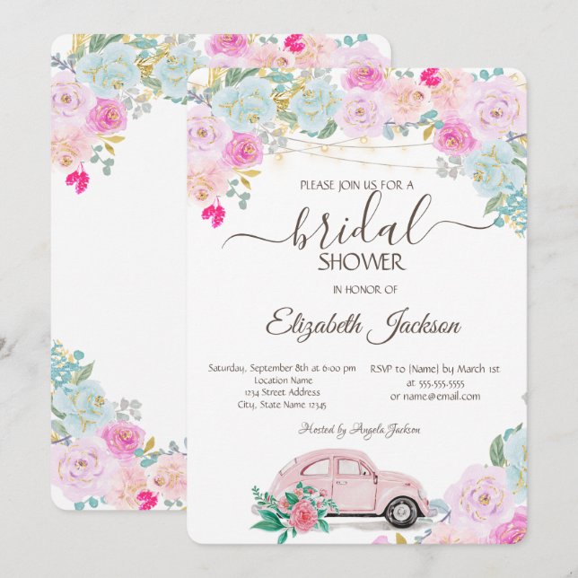 Pink Car Lights Chic Roses Bridal Shower  Invitation (Front/Back)