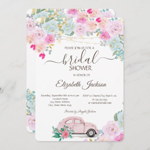 Pink Car Lights Chic Roses Bridal Shower  Invitation