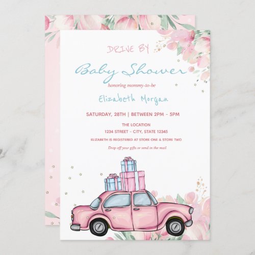 Pink Car Presents Floral Drive By Baby Shower Invitation