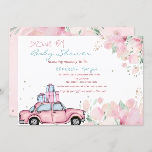 Pink Car Presents Flowers Drive By Baby Shower Invitation