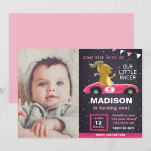 Pink Car Racer Birthday Invitation with Photo