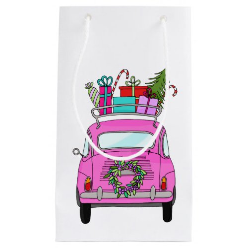 Pink Car with Christmas Gifts Small Gift Bag