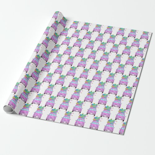 Pink Car with Christmas Gifts  Watercolor Wrapping Paper