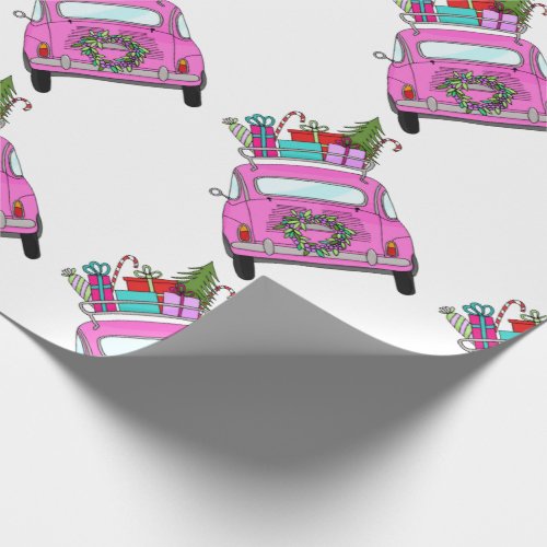 Pink Car with Christmas Gifts Wrapping Paper