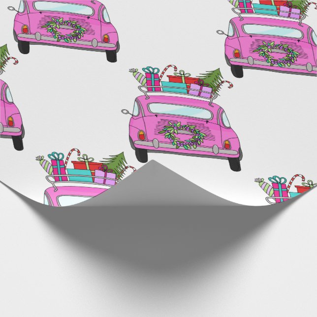 Pink Car with Christmas Gifts Wrapping Paper (Corner)