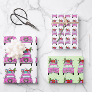 Pink Car with Christmas Gifts Wrapping Paper Sheets