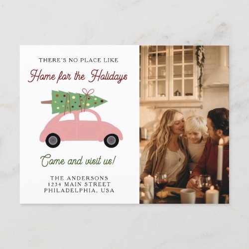 Pink Car with Christmas Tree Photo Holiday Moving Announcement Postcard