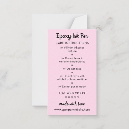 Pink Care Instructions for Epoxy Pen Note Card