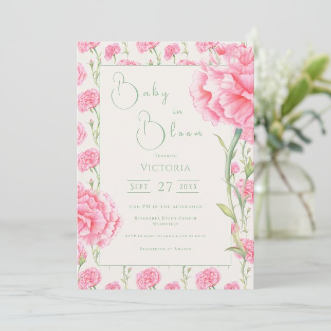 Pink Carnation Baby in Bloom Shower Invitation (Standing Front)