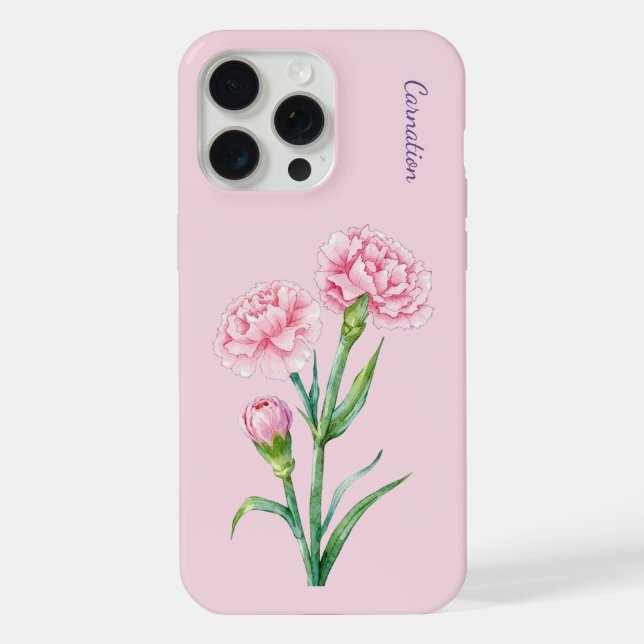 Pink Carnation Botanical Watercolor Custom Name iPhone Case (Back)