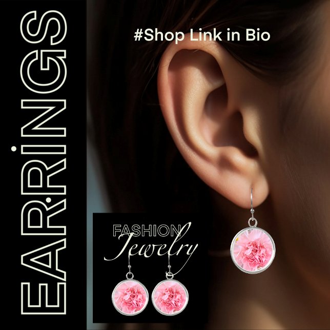 Pink carnation Floral Flower Earrings (Trendy chic elegant pink carnation flower stylish drop dangle earring)