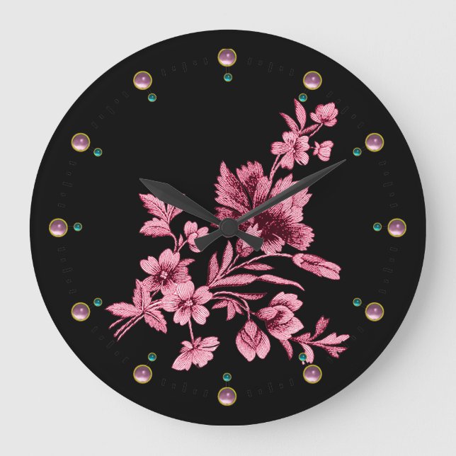 PINK CARNATION FLOWER BOUQUET,BLACK Floral Large Clock (Front)