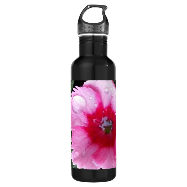 Pink Carnation in the Spring Rain Magenta Bloom Water Bottle (Front)