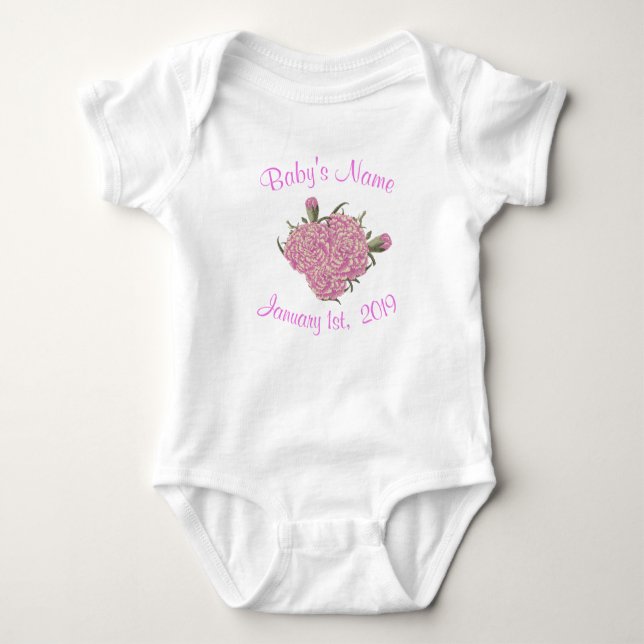 Pink Carnation personalized birth flower Baby Bodysuit (Front)