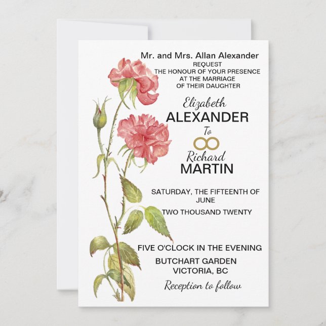 Pink carnation watercolor wedding invitation (Front)